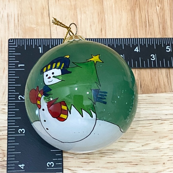 Retired Li Bien Green Snowman Carrying Christmas Tree Glass Ornament - Picture 5 of 7